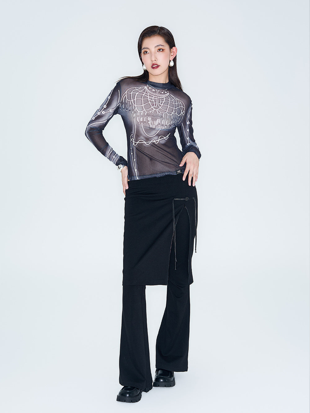 MUKZIN Linglong "Pearl" Printed Base Layer See-through Gauze Top