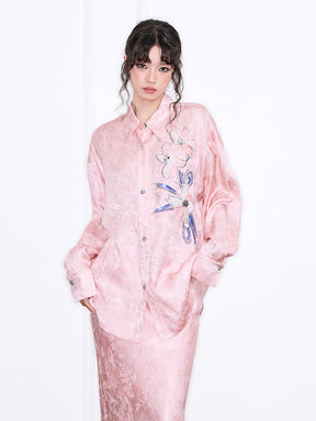 MUKZIN“Realm of Ethereal Mist”Pink Jacquard Floral Embroidered Shirt