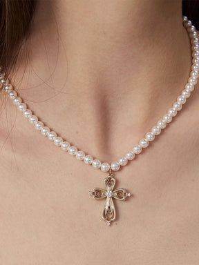 MUKTANK×SUN HUNTER Small lace cross pearl chain