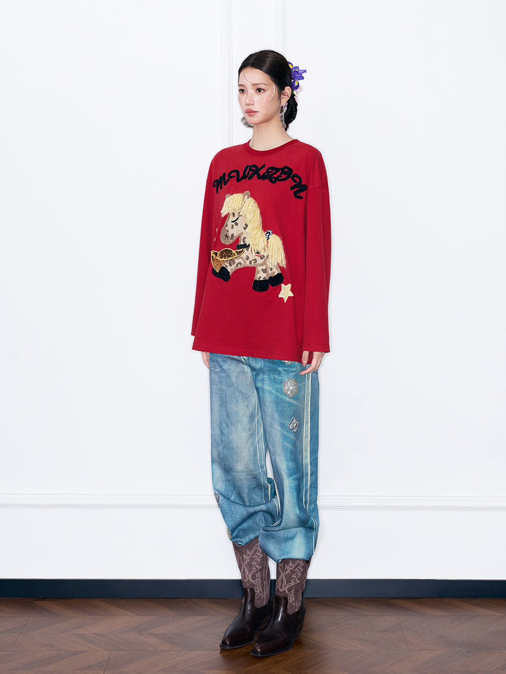 MUKZIN“Capsule Collection”Cute Cartoon Pony Embroidered Long-Sleeve T-Shirt