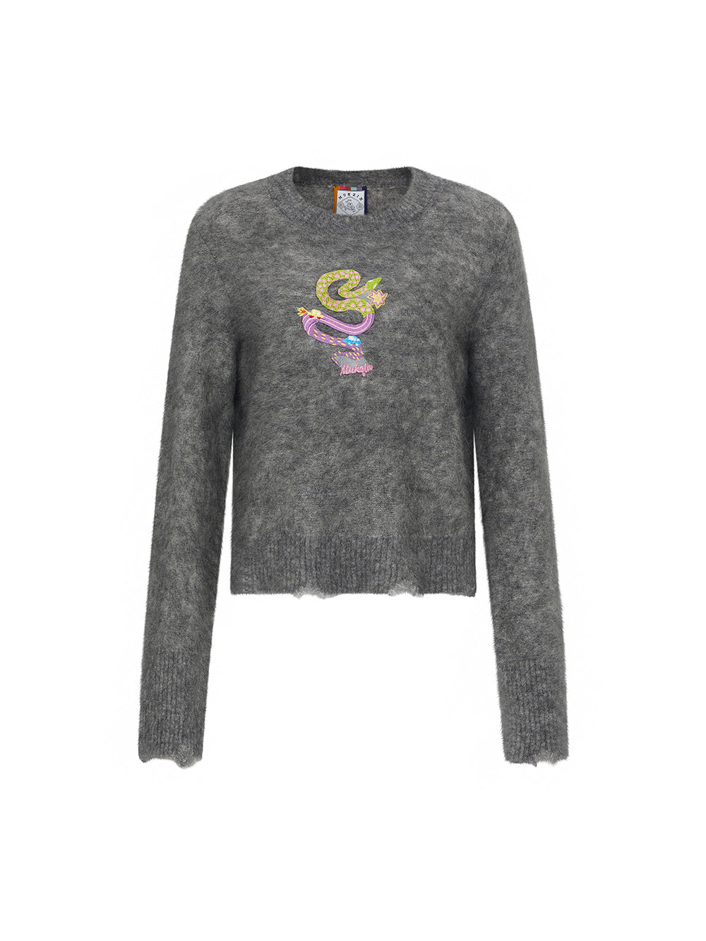 MUKZIN Linglong Long —Snake Embroidery Mohair Blend Sweater (White/Grey)