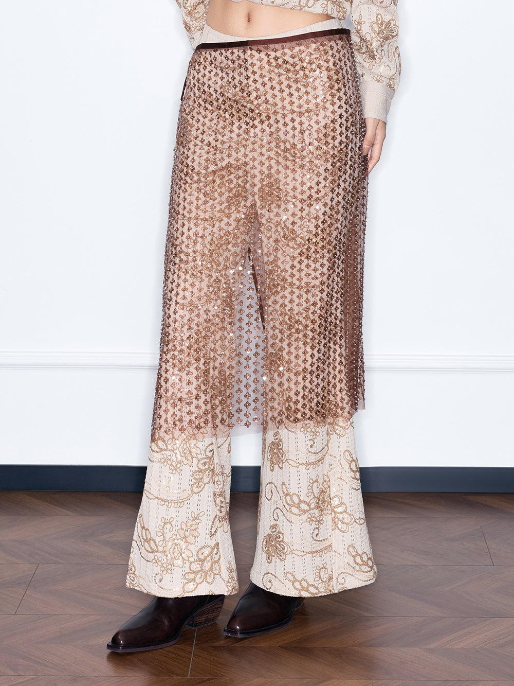 MUKZIN“Capsule Collection”Beige-Brown Floral Embroidered Layered Midi Skirt | Oriental Sequin Embellished A-Line Skirt