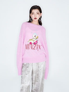 MUKZIN Linglong "Time Machine" Silhouette Crew Neck Cartoon Knit Blue Sweater