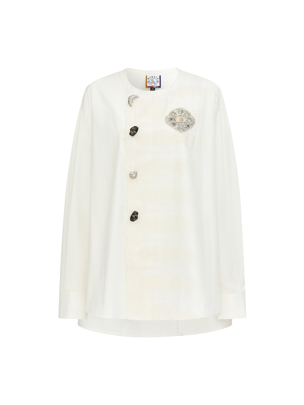 MUKZIN“The Sequence of Deer's Call”White Asymmetrical Placket Button Decor Badge Oversized Jacquard Shirt