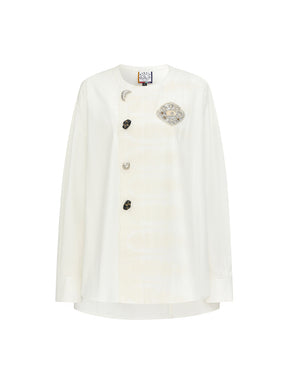 MUKZIN“The Sequence of Deer's Call”White Asymmetrical Placket Button Decor Badge Oversized Jacquard Shirt