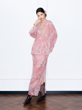 MUKZIN¡°Night Ballad of Chang'an¡±Pink Sheer Embroidered V-Neck Blouse