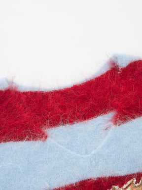 MUKZIN“The Sequence of Deer's Call”Red & Blue Striped Turtleneck Scarf Neck Pony Decor Sweet Cool Oversized Knit Sweater