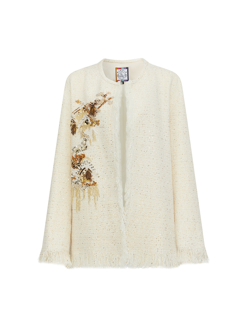 MUKZIN“Realm of Ethereal Mist”Off - White Tweed Cardigan with Sequin Embroidery and Fringes