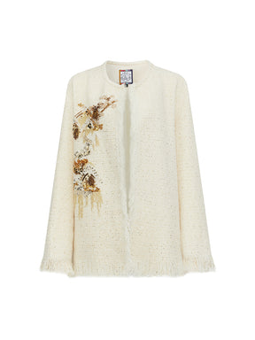 MUKZIN“Realm of Ethereal Mist”Off - White Tweed Cardigan with Sequin Embroidery and Fringes