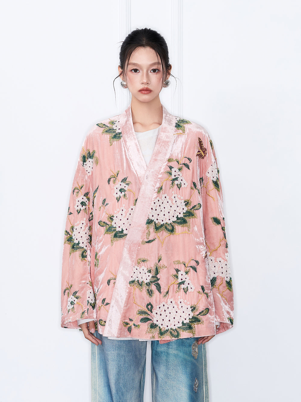 MUKZIN“The Sequence of Deer's Call”Pink Velvet Chinese-Style Floral Embroidery Loose Casual Outerwear