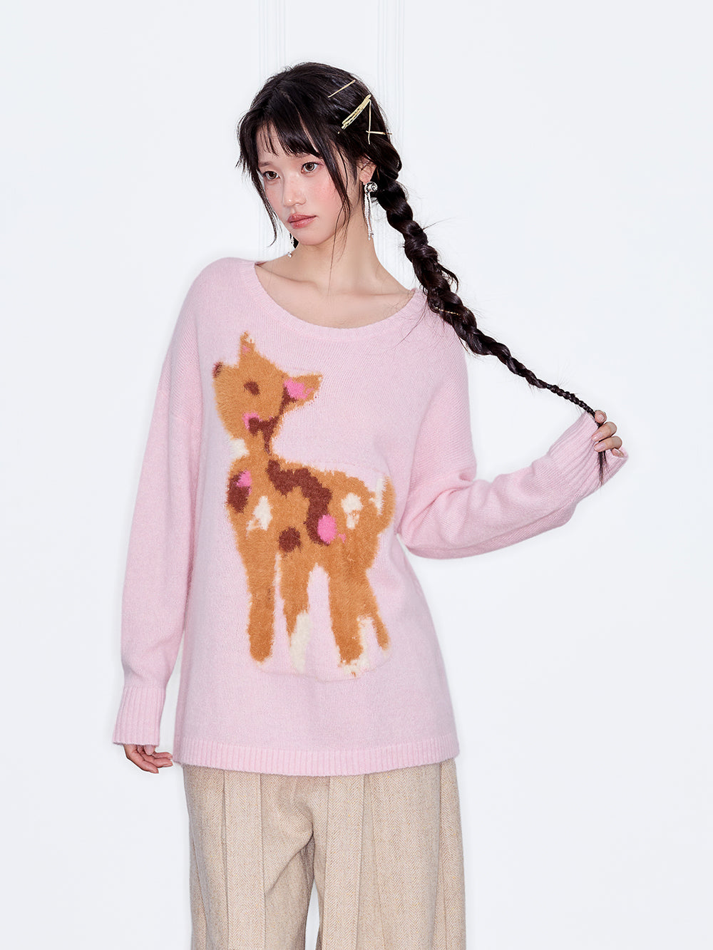 MUKZIN“The Sequence of Deer's Call”Light Blue/Soft Pink Deer Pattern Oversized Fuzzy Knit Sweater