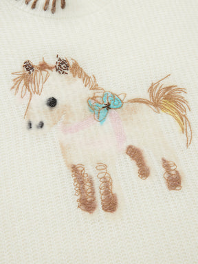 MUKZIN“The Sequence of Deer's Call”Cream White Contrast Trim Pony Decor Oversized Fuzzy Knit Sweater