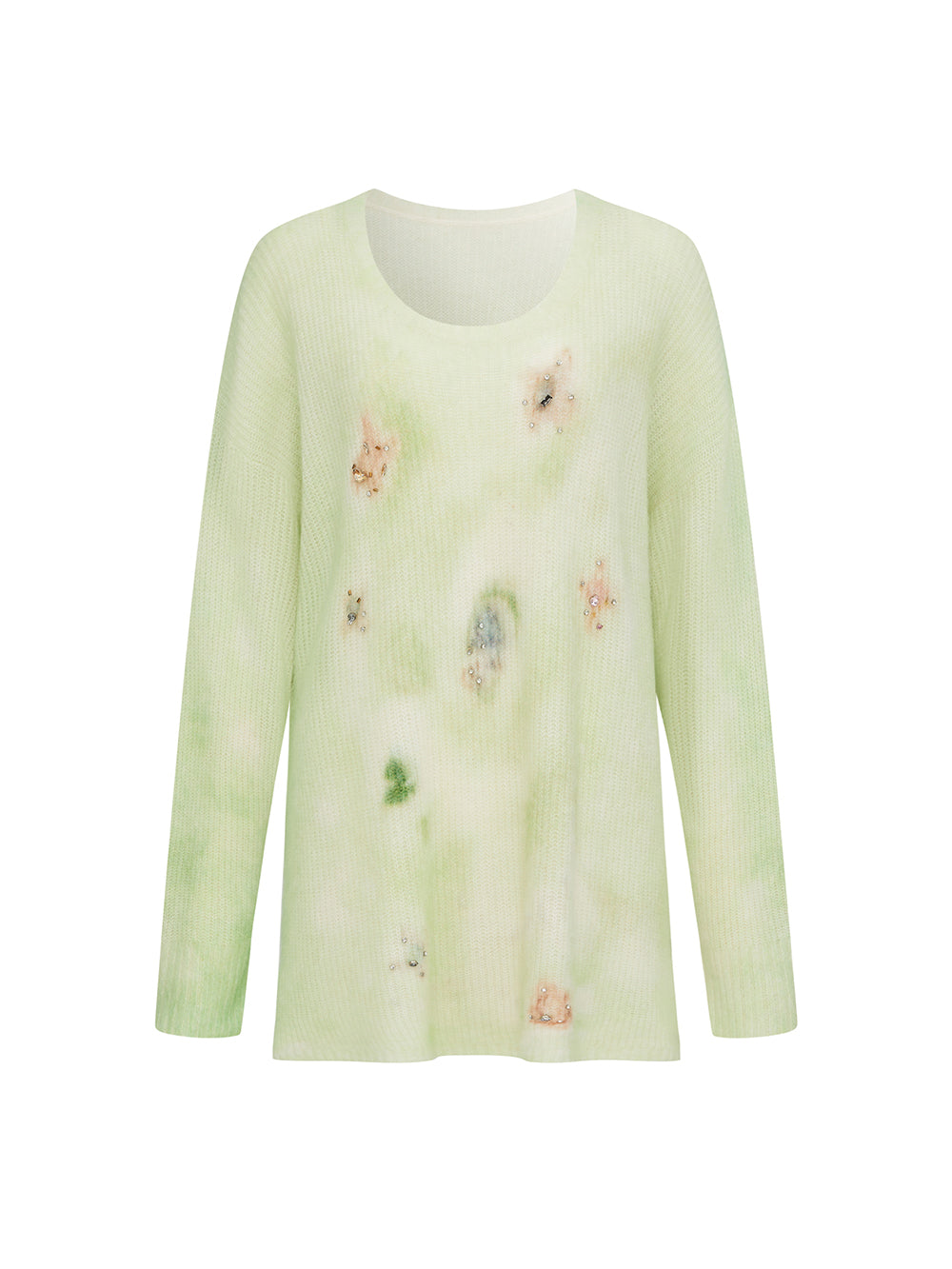 MUKZIN“The Sequence of Deer's Call”Pink/Green Halo Tie-Dye Distressed Decor Oversized Fuzzy Knit Sweater