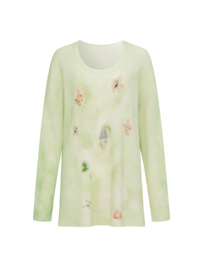 MUKZIN“The Sequence of Deer's Call”Pink/Green Halo Tie-Dye Distressed Decor Oversized Fuzzy Knit Sweater