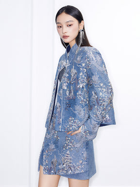 MUKZIN Linglong“Denim Series”Small A-Line Heavy Sequin Embroidered Denim Jacket