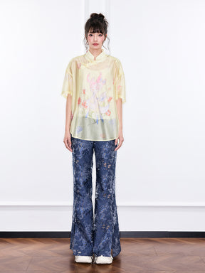 Mukzin "Ode To The New Summer"New Chinese-Style Shirt With Frog Buttons At The Collar And Printed Patterns