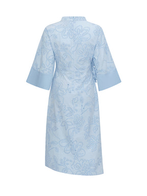 MUKZIN“Realm of Ethereal Mist”National Style Blue Jacquard Pleated Slit Half-sleeve Qipao Dress