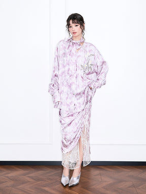 MUKZIN“Realm of Ethereal Mist”Pink - purple tie - dyed velvet spliced lace split midi skirt