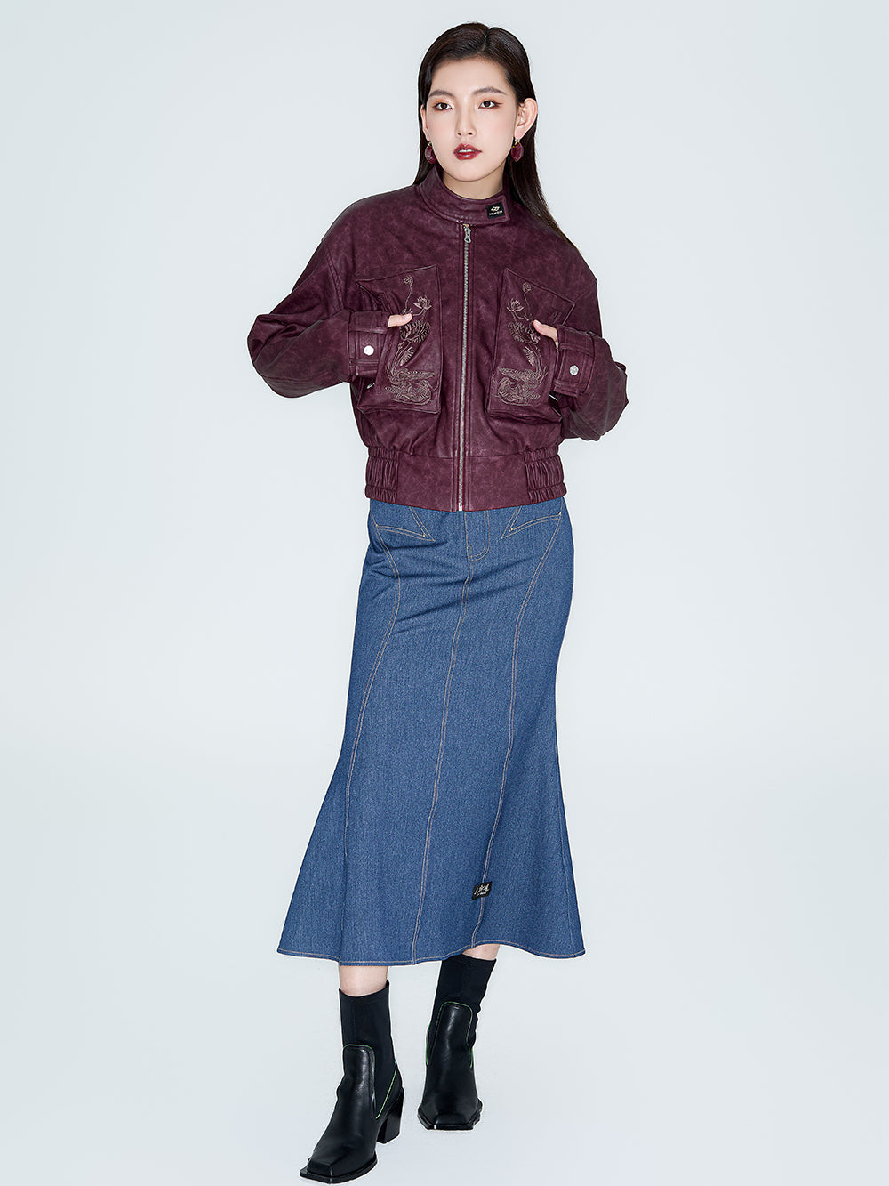 MUKZIN Linglong "Playing Fish" Vintage Fish-tail Denim Skirt