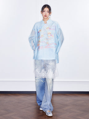 MUKZIN  SpringPrelude "Fortunate Tiger Soaring through Clouds" Loose Stand - collar Translucent Chinese - style Shirt