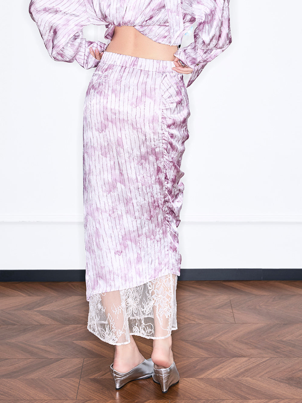 MUKZIN“Realm of Ethereal Mist”Pink - purple tie - dyed velvet spliced lace split midi skirt
