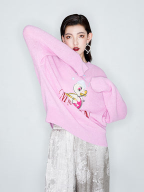 MUKZIN Linglong "Time Machine" Silhouette Crew Neck Cartoon Knit Blue Sweater