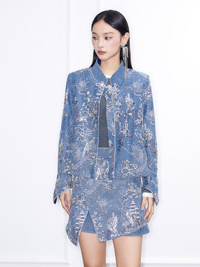 MUKZIN Linglong“Denim Series”Small A-Line Heavy Sequin Embroidered Denim Jacket