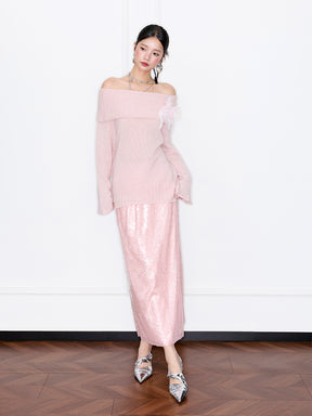 MUKZIN“Capsule Collection”Off-the-shoulder Feather Decor Loose Sweater