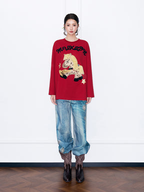 MUKZIN“Capsule Collection”Cute Cartoon Pony Embroidered Long-Sleeve T-Shirt