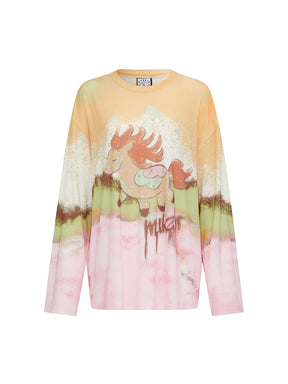 MUKZIN“Realm of Ethereal Mist”Gradient Cartoon Pony Printed Loose Long - Sleeve Top