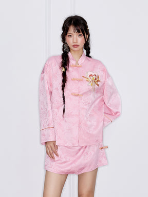 MUKZIN“Capsule Collection”Pink Jacquard Frog Button Jacket with Floral Embroidery, Loose Short Style