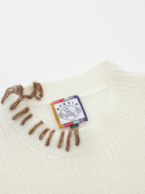 MUKZIN“The Sequence of Deer's Call”Cream White Contrast Trim Pony Decor Oversized Fuzzy Knit Sweater