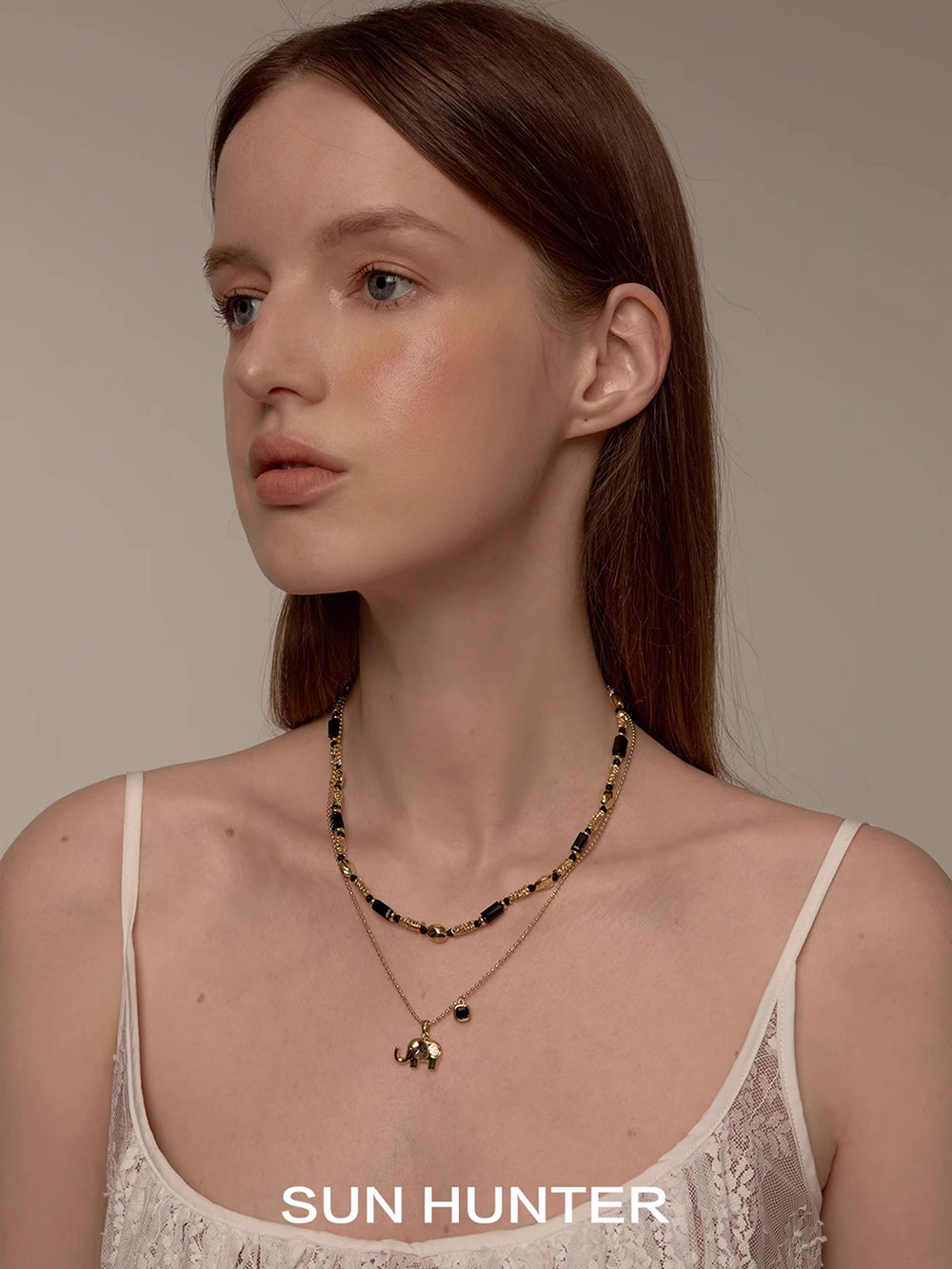 MUKTANK×SUN HUNTER Double-layered Necklace with Little Elephant Design and Black Spinel