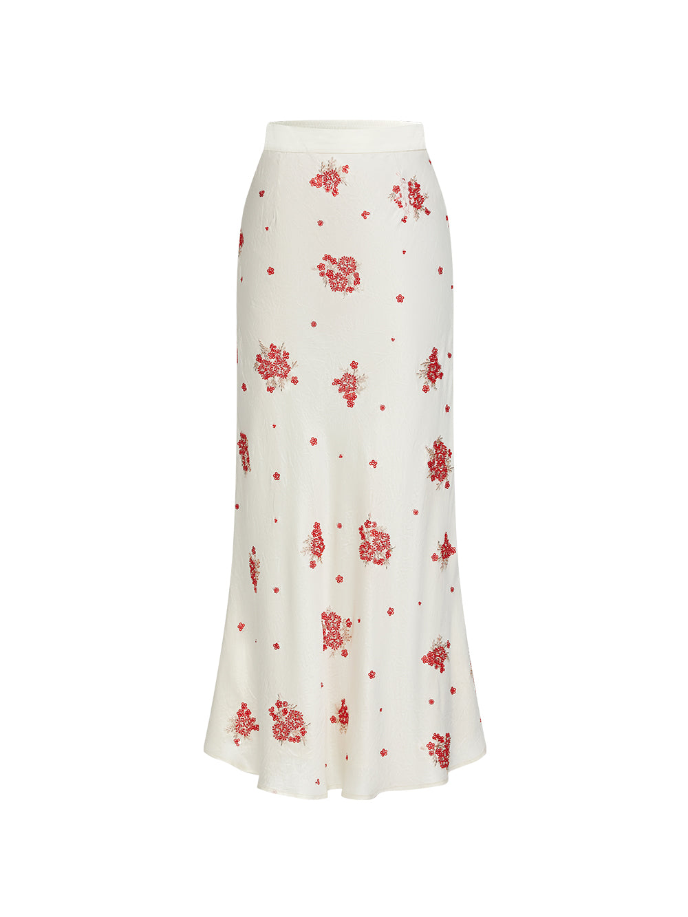 MUKZIN“Capsule Collection”Off-White Midi Skirt Accented with Red Floral Embroidery