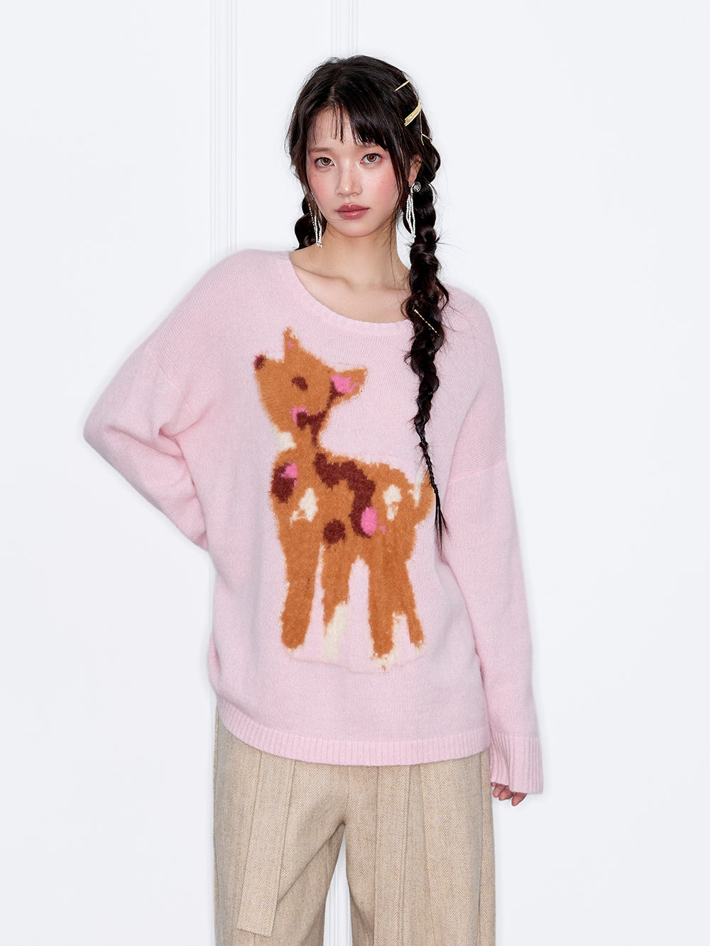 MUKZIN“The Sequence of Deer's Call”Light Blue/Soft Pink Deer Pattern Oversized Fuzzy Knit Sweater