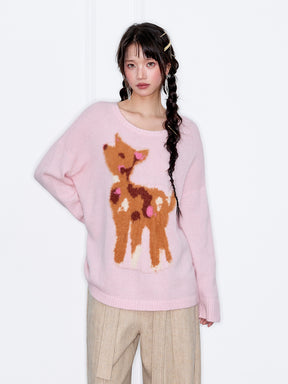 MUKZIN“The Sequence of Deer's Call”Light Blue/Soft Pink Deer Pattern Oversized Fuzzy Knit Sweater