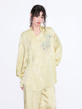 MUKZIN“Realm of Ethereal Mist”Light Yellow Jacquard Embroidered Elegant Chinese - Style Top