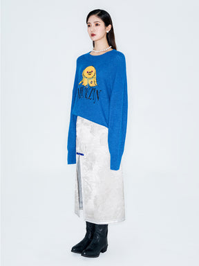 MUKZIN Linglong "Time Machine" Silhouette Crew Neck Cartoon Knit Blue Sweater