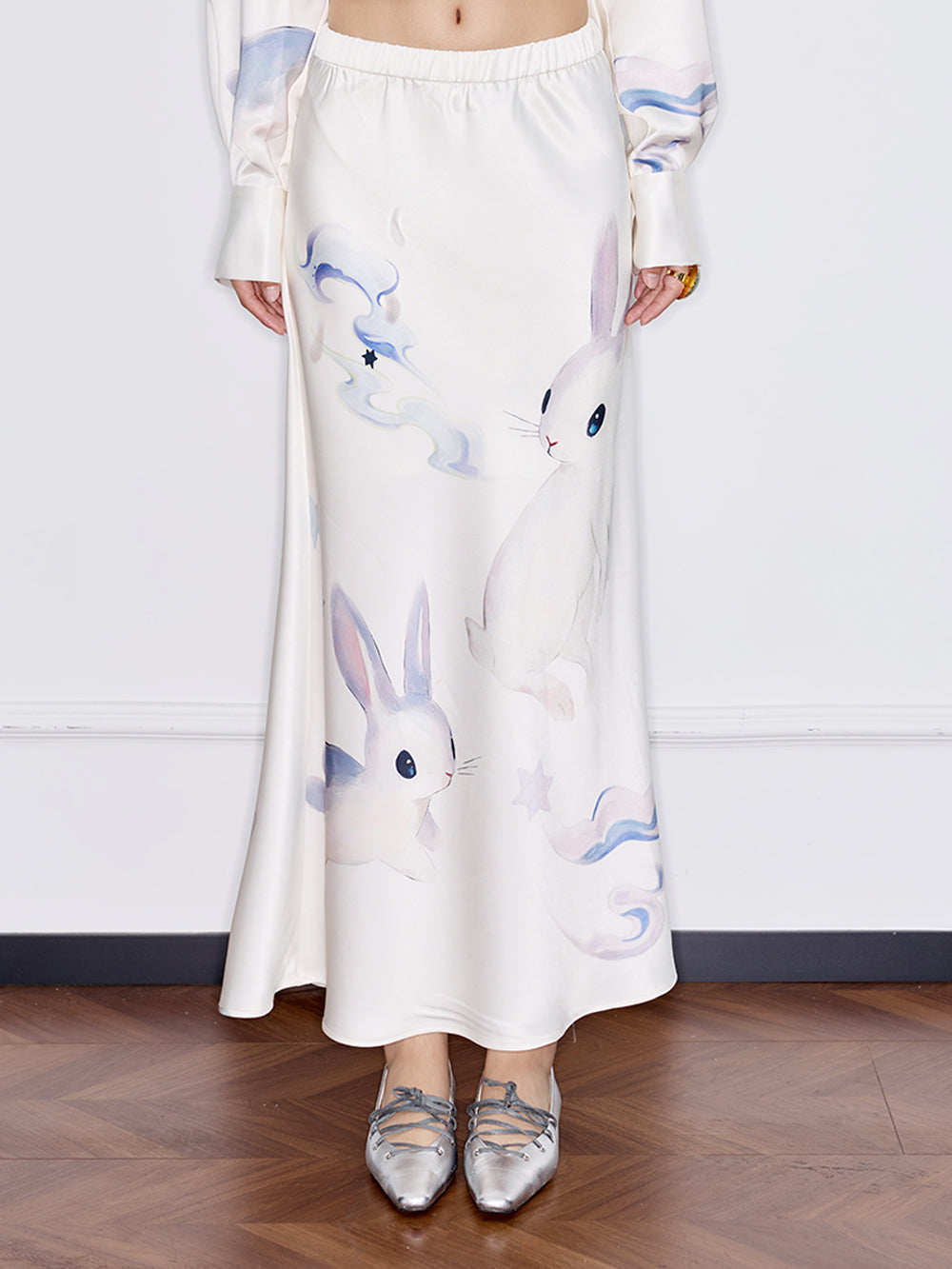 MUKZIN“Capsule Collection”Modern Chinese Style Jade Rabbit Print Drapey Midi Skirt