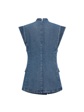 MUKZIN“Realm of Ethereal Mist”Chinese - style Frog Button Denim Vest with Sequin Floral Decoration