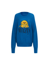 MUKZIN Linglong "Time Machine" Silhouette Crew Neck Cartoon Knit Blue Sweater