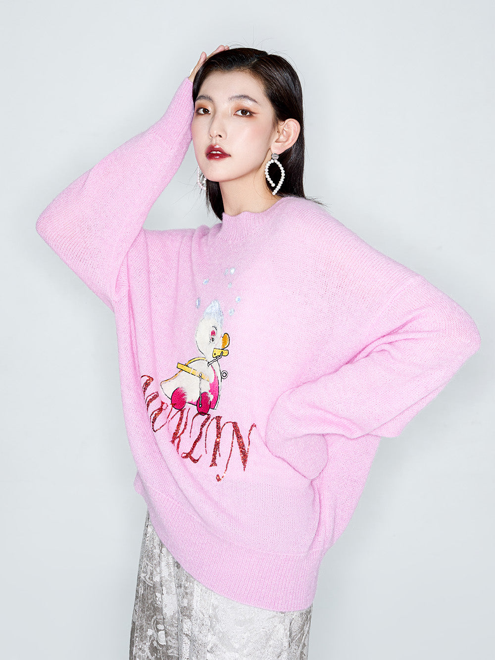 MUKZIN Linglong "Time Machine" Silhouette Crew Neck Cartoon Knit Blue Sweater