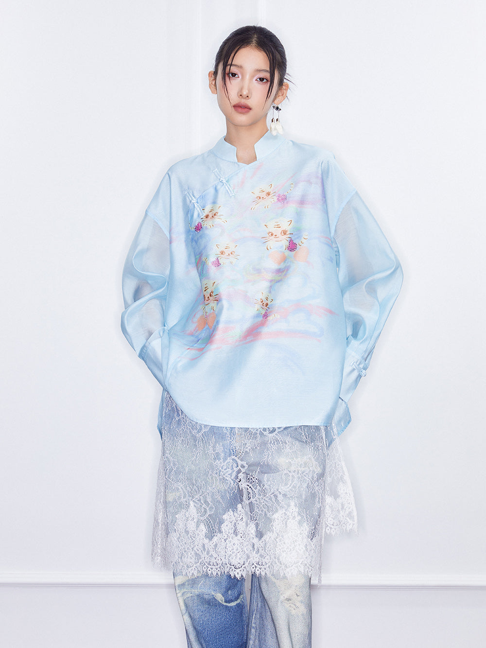 MUKZIN  SpringPrelude "Fortunate Tiger Soaring through Clouds" Loose Stand - collar Translucent Chinese - style Shirt