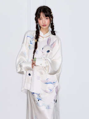MUKZIN“Capsule Collection”New Chinese Style National Style Jade Rabbit Print Oblique Placket Blouse