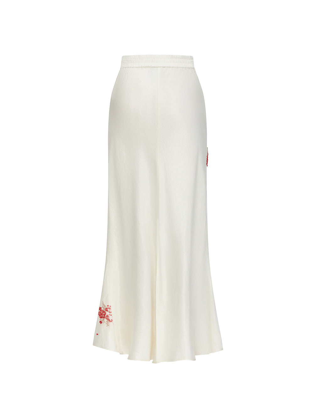 MUKZIN“Capsule Collection”Off-White Midi Skirt Accented with Red Floral Embroidery