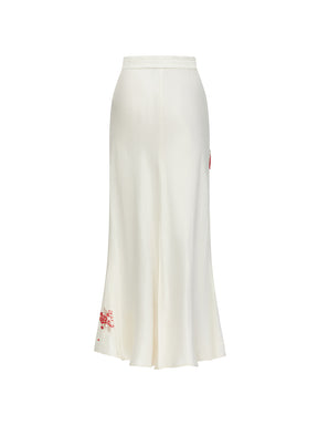 MUKZIN“Capsule Collection”Off-White Midi Skirt Accented with Red Floral Embroidery