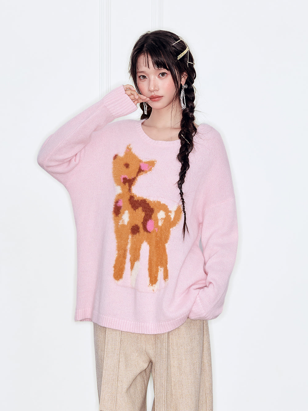 MUKZIN“The Sequence of Deer's Call”Light Blue/Soft Pink Deer Pattern Oversized Fuzzy Knit Sweater