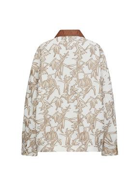 MUKZIN“Realm of Ethereal Mist”Loose Jacket with Plant Pattern, Contrast - Color Collar and Splicing Design