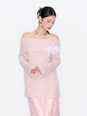MUKZIN“Capsule Collection”Off-the-shoulder Feather Decor Loose Sweater