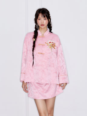 MUKZIN“Capsule Collection”Pink Jacquard Frog Button Jacket with Floral Embroidery, Loose Short Style